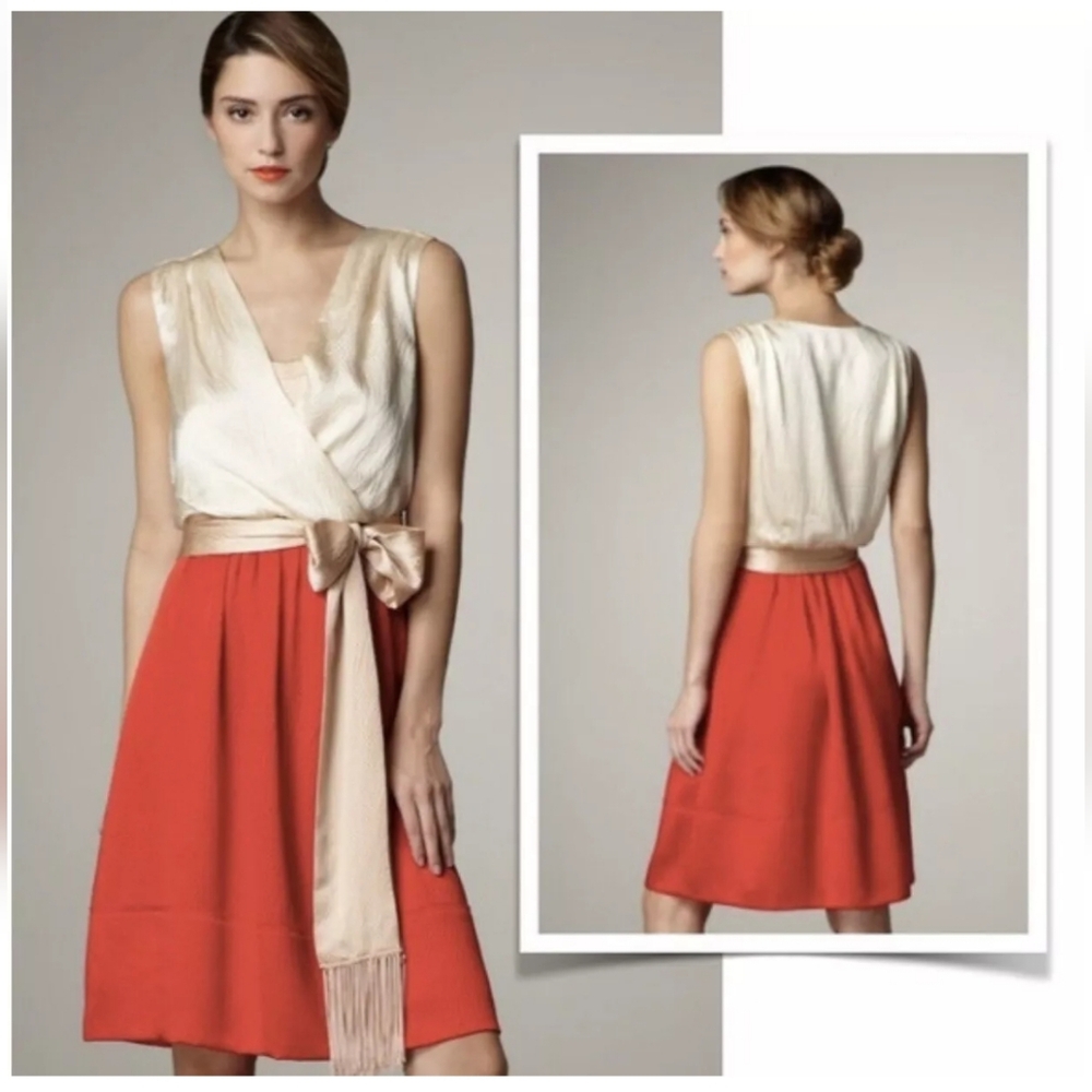 Tory Burch Darya Silk Colorblock Milk  Opal and Red Silk Dress Size 4.
